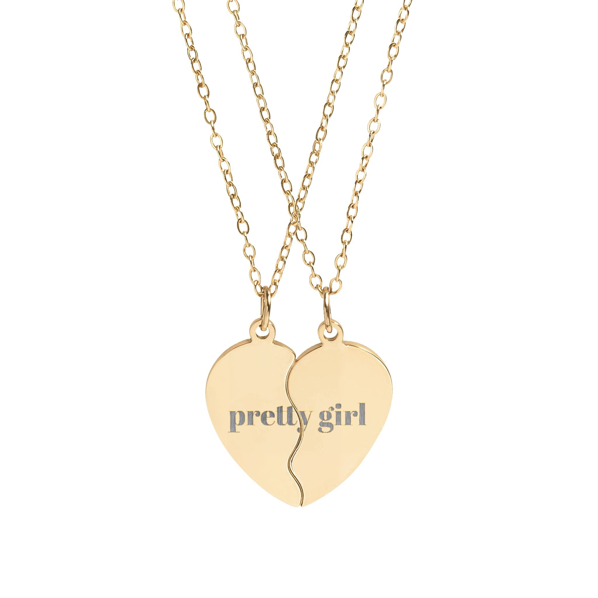 Break Apart Heart Necklace Set — Engravable Best Friend Pendant Pair ("pretty girl")